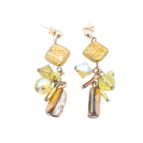 14K Gold Abalone Beaded Dangle Earrings Artisan Multi Bead 2 Inches
