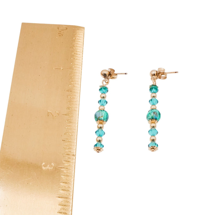 14K Gold Filled Green Crystal Bead 1.5 Inch Dangle Post Earrings