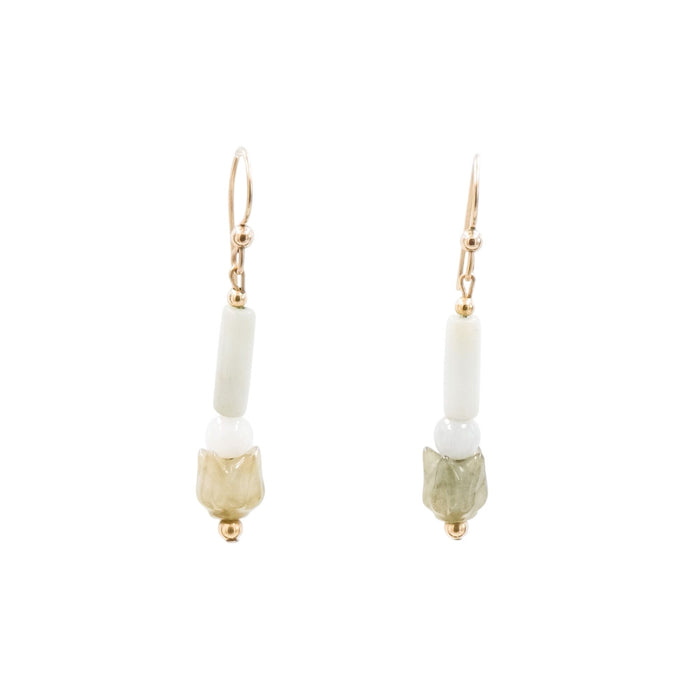 14K Gold Filled Jade Flower Dangle Earrings 1.75 Inch Drop