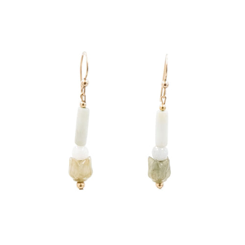 14K Gold Filled Jade Flower Dangle Earrings 1.75 Inch Drop