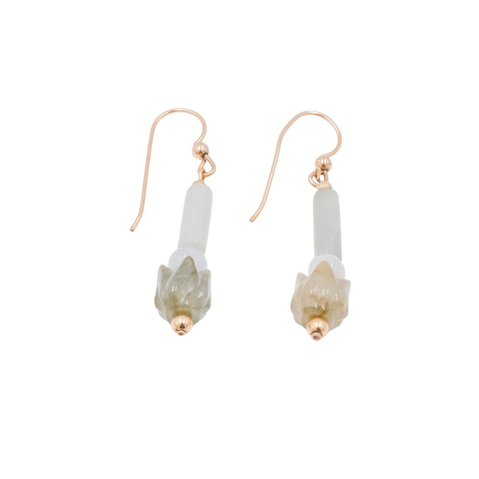 14K Gold Filled Jade Flower Dangle Earrings 1.75 Inch Drop