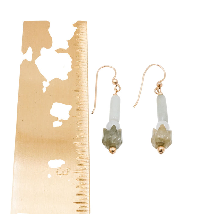 14K Gold Filled Jade Flower Dangle Earrings 1.75 Inch Drop