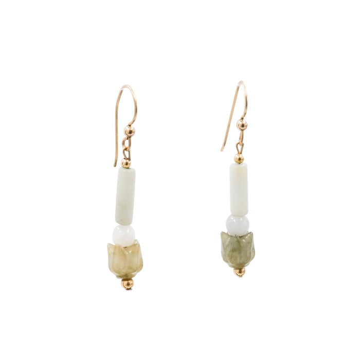 14K Gold Filled Jade Flower Dangle Earrings 1.75 Inch Drop