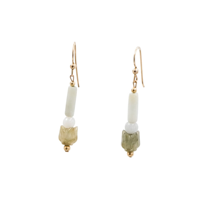 14K Gold Filled Jade Flower Dangle Earrings 1.75 Inch Drop