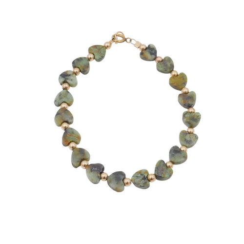 14K Gold Filled Unakite Heart Beaded Bracelet 6 Inches
