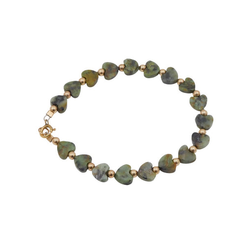 14K Gold Filled Unakite Heart Beaded Bracelet 6 Inches