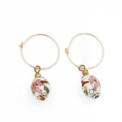14K Gold Filled White Cloisonné Floral Bead 1.5 Inch Dangle Earrings