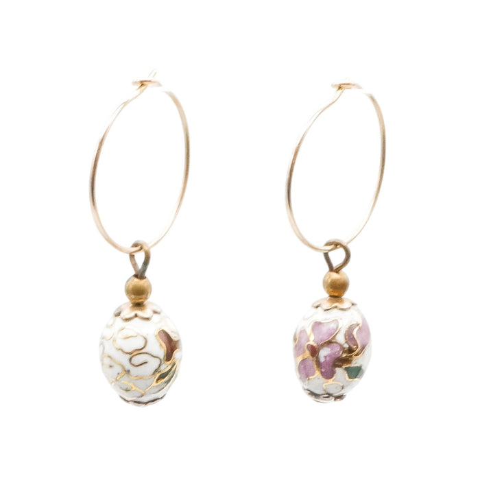 14K Gold Filled White Cloisonné Floral Bead 1.5 Inch Dangle Earrings