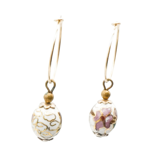 14K Gold Filled White Cloisonné Floral Bead 1.5 Inch Dangle Earrings