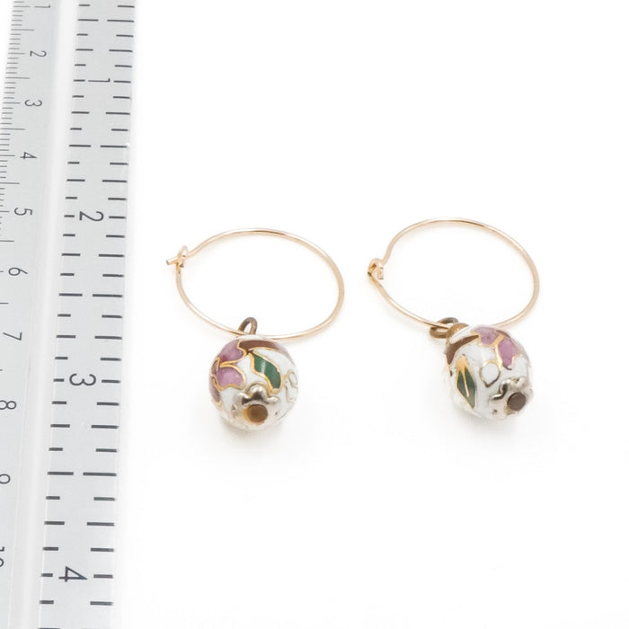 14K Gold Filled White Cloisonné Floral Bead 1.5 Inch Dangle Earrings