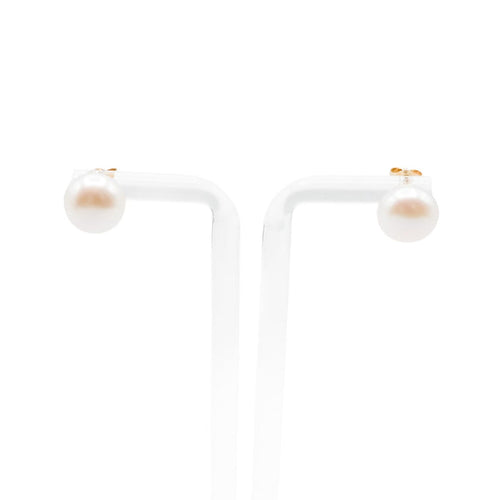 14K Yellow Gold 10mm Button Pearl Stud Earrings White Cultured Freshwater