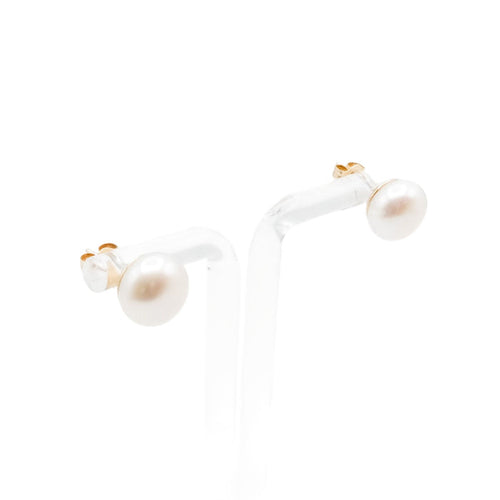 14K Yellow Gold 10mm Button Pearl Stud Earrings White Cultured Freshwater