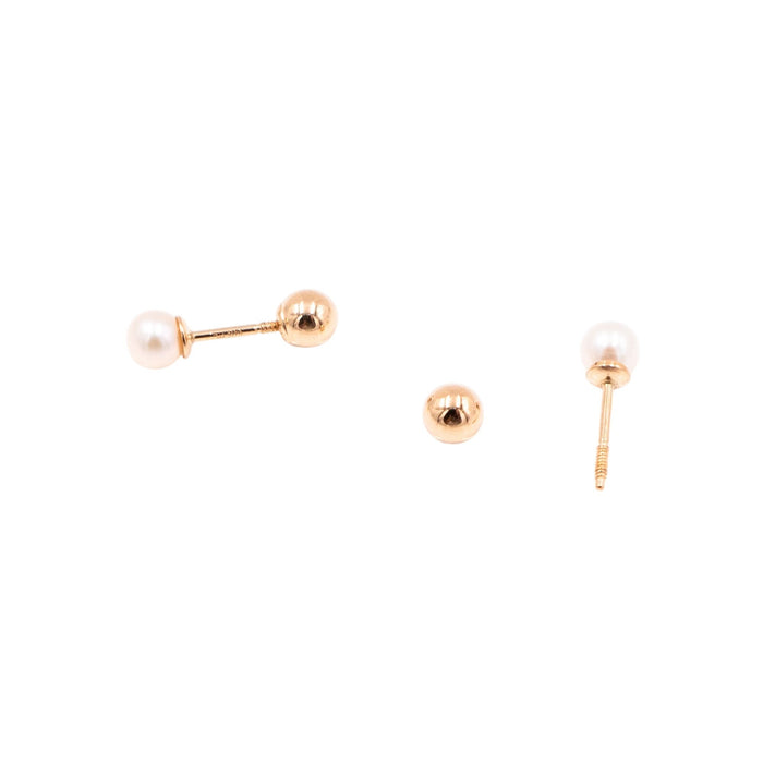 14K Yellow Gold 4mm Akoya Pearl Reversible Screwback Stud Earrings