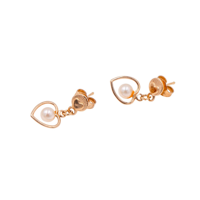 14K Yellow Gold 5/8 Inch White Akoya Pearl Heart Drop Stud Earrings