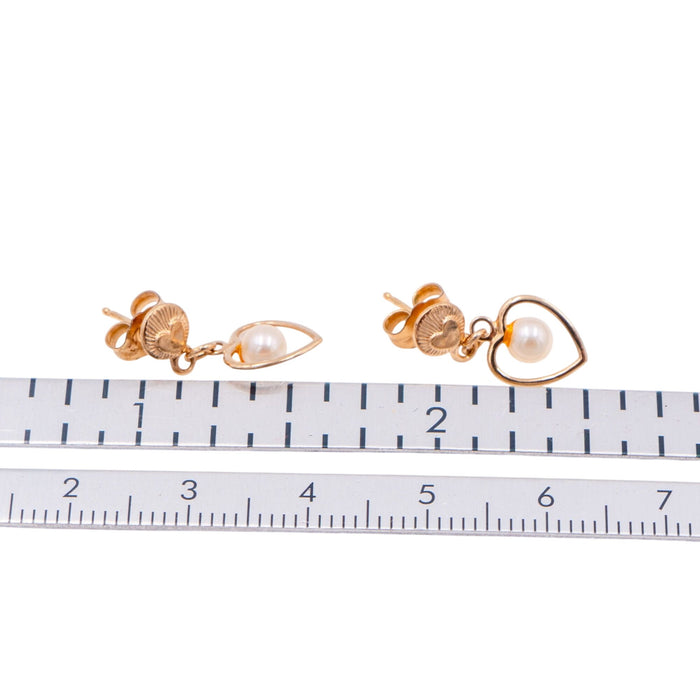 14K Yellow Gold 5/8 Inch White Akoya Pearl Heart Drop Stud Earrings