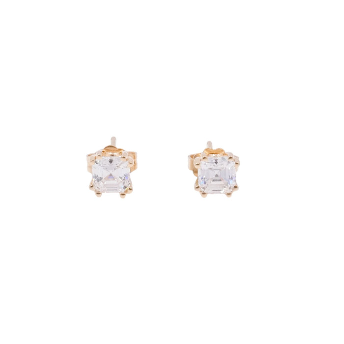 14K Yellow Gold Asscher Cut Double Point Prong CZ Stud Earrings