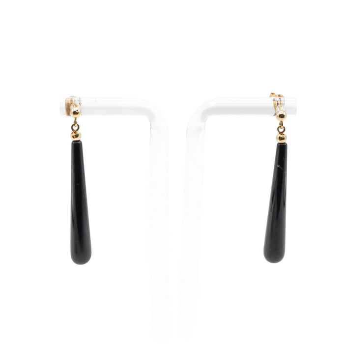 14K Yellow Gold Black Onyx Teardrop Dangle Earrings 1.75 Inches