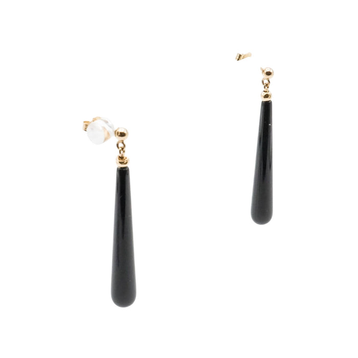 14K Yellow Gold Black Onyx Teardrop Dangle Earrings 1.75 Inches