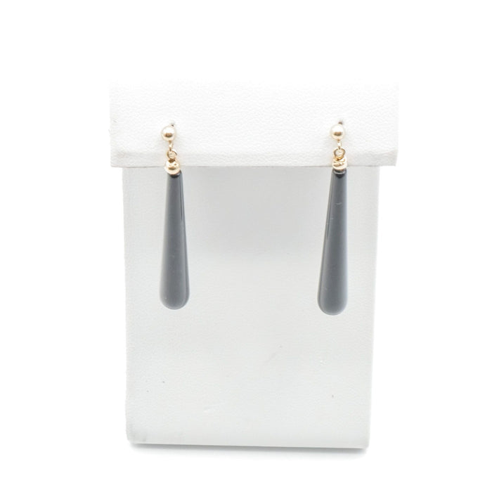 14K Yellow Gold Black Onyx Teardrop Dangle Earrings 1.75 Inches