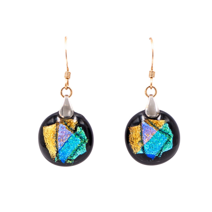 14K Yellow Gold Filled Dichroic Art Glass Dangle Earrings 1 1/2 Inch Artisan Drops