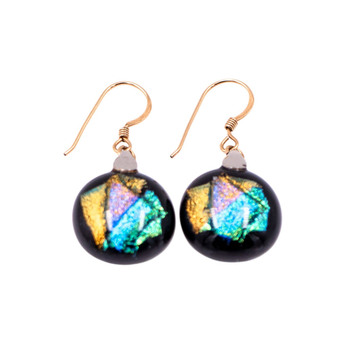 14K Yellow Gold Filled Dichroic Art Glass Dangle Earrings 1 1/2 Inch Artisan Drops