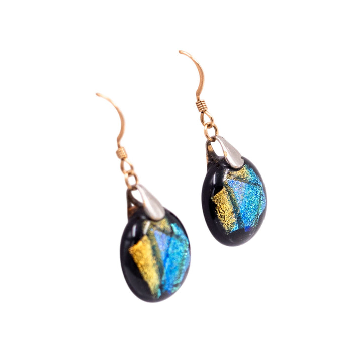 14K Yellow Gold Filled Dichroic Art Glass Dangle Earrings 1 1/2 Inch Artisan Drops