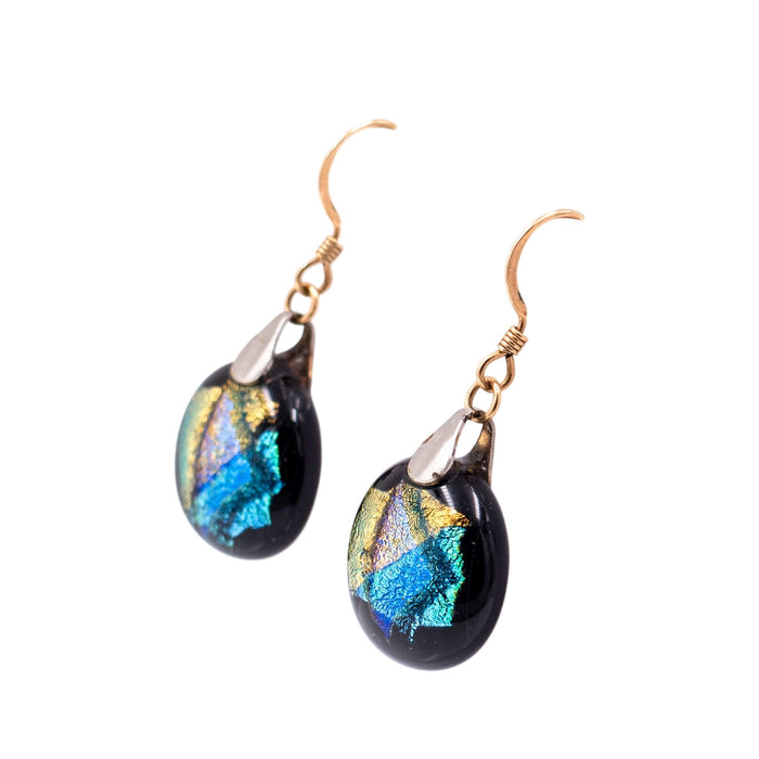 14K Yellow Gold Filled Dichroic Art Glass Dangle Earrings 1 1/2 Inch Artisan Drops