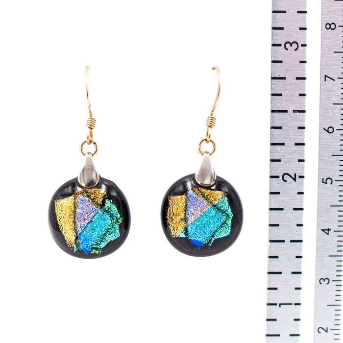 14K Yellow Gold Filled Dichroic Art Glass Dangle Earrings 1 1/2 Inch Artisan Drops