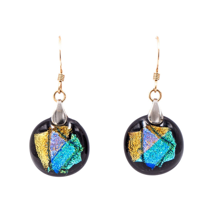 14K Yellow Gold Filled Dichroic Art Glass Dangle Earrings 1 1/2 Inch Artisan Drops