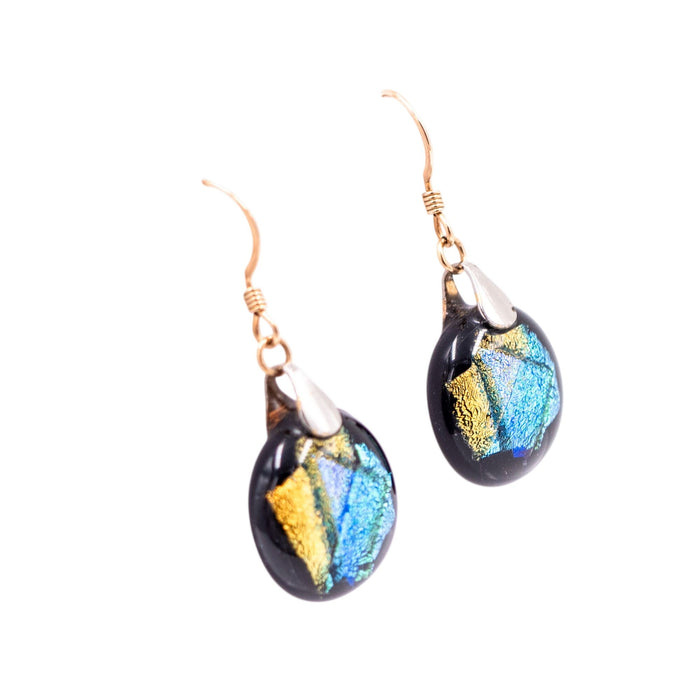 14K Yellow Gold Filled Dichroic Art Glass Dangle Earrings 1 1/2 Inch Artisan Drops