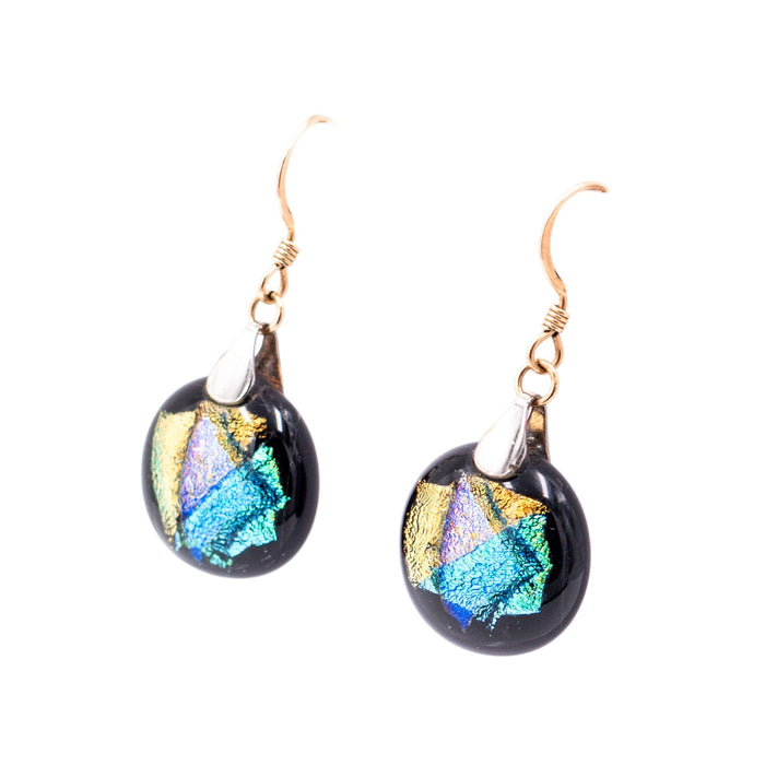 14K Yellow Gold Filled Dichroic Art Glass Dangle Earrings 1 1/2 Inch Artisan Drops