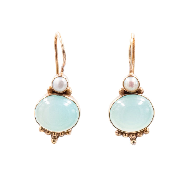 18K Gold Plated Sterling Silver 1.25 Inch Chalcedony Cabochon Drop Earrings