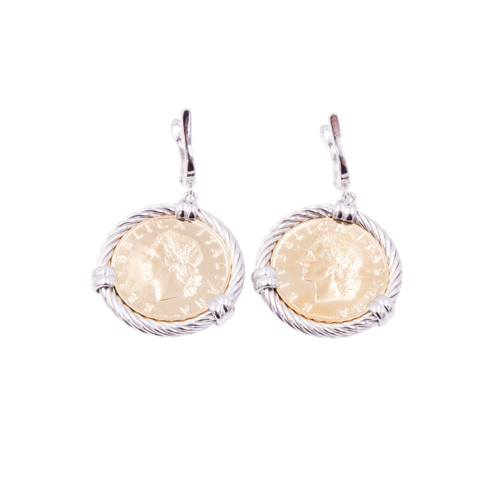 1968 Italian 20 Lire Coin Sterling Silver Dangle Earrings 1.75 Inch Gold Plated Italy Jewelry