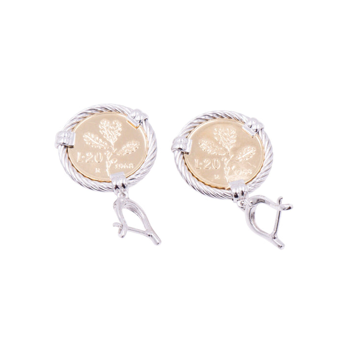 1968 Italian 20 Lire Coin Sterling Silver Dangle Earrings 1.75 Inch Gold Plated Italy Jewelry