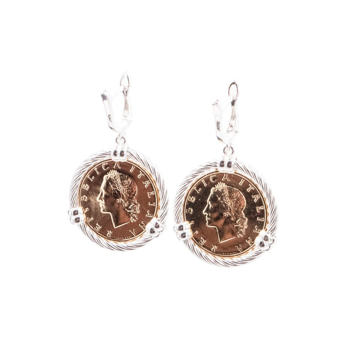 1968 Italian 20 Lire Coin Sterling Silver Dangle Earrings 1.75 Inch Gold Plated Italy Jewelry