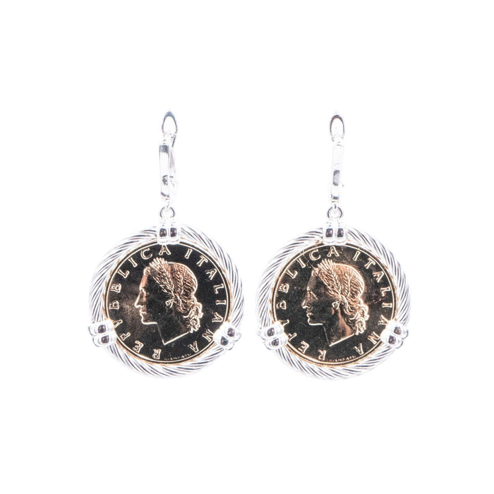 1968 Italian 20 Lire Coin Sterling Silver Dangle Earrings 1.75 Inch Gold Plated Italy Jewelry