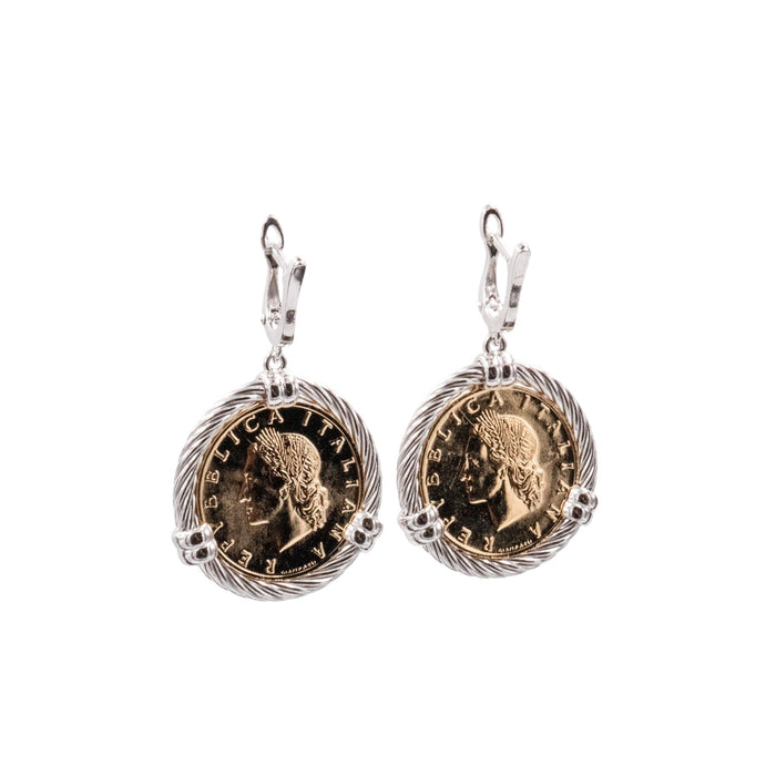 1968 Italian 20 Lire Coin Sterling Silver Dangle Earrings 1.75 Inch Gold Plated Italy Jewelry