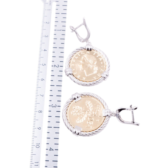 1968 Italian 20 Lire Coin Sterling Silver Dangle Earrings 1.75 Inch Gold Plated Italy Jewelry