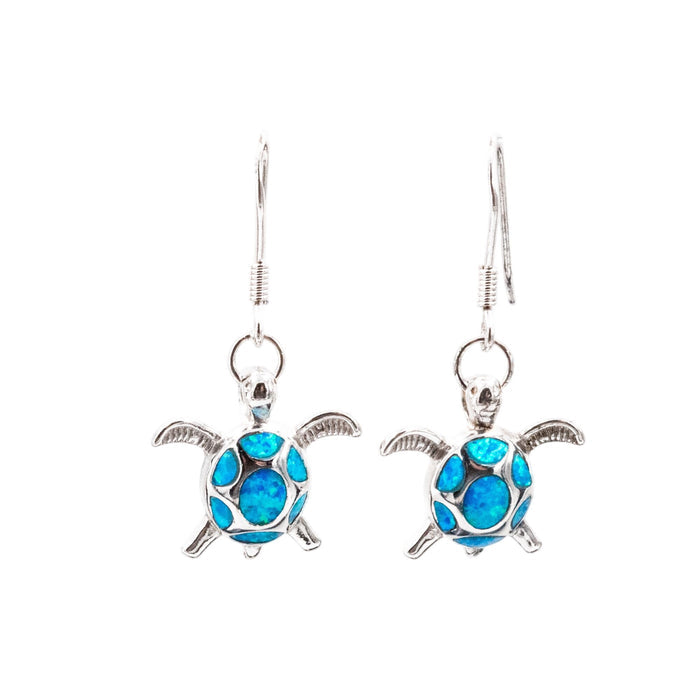 950 Silver 1.5 Inch Lab Created Opal Sea Turtle Dangle Earrings