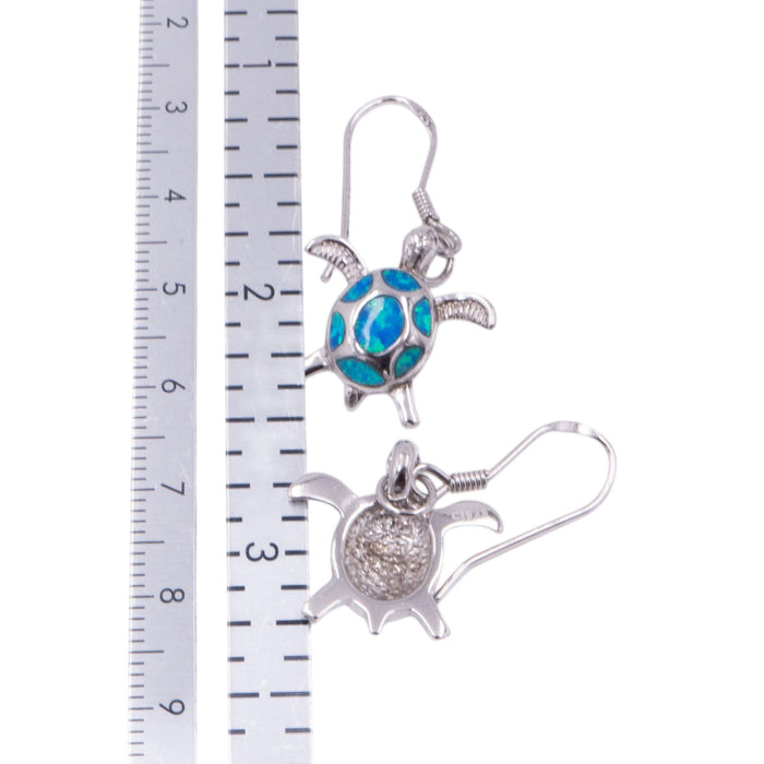 950 Silver 1.5 Inch Lab Created Opal Sea Turtle Dangle Earrings