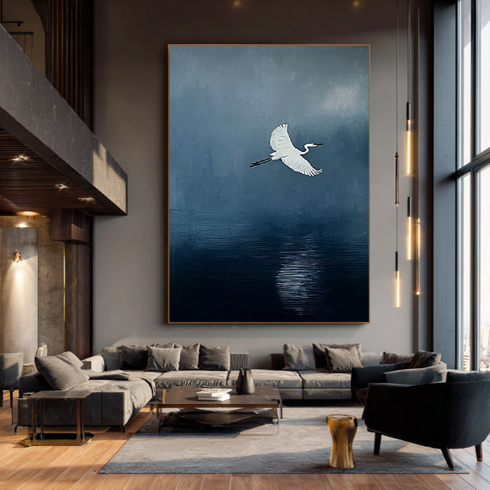 A Streak of White framed egret canvas print styled in a calm room