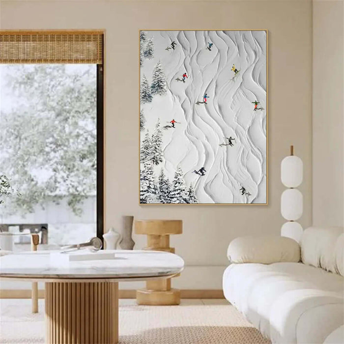 Snowy Mountain Skiing Wall Art - Handcrafted Canvas Featuring Skiers in Motion with Textured Surface - Alpine Diaries - Hues Art Lab