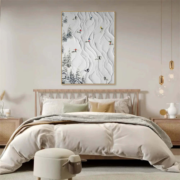 Snowy Mountain Skiing Wall Art - Handcrafted Canvas Featuring Skiers in Motion with Textured Surface - Alpine Diaries - Hues Art Lab