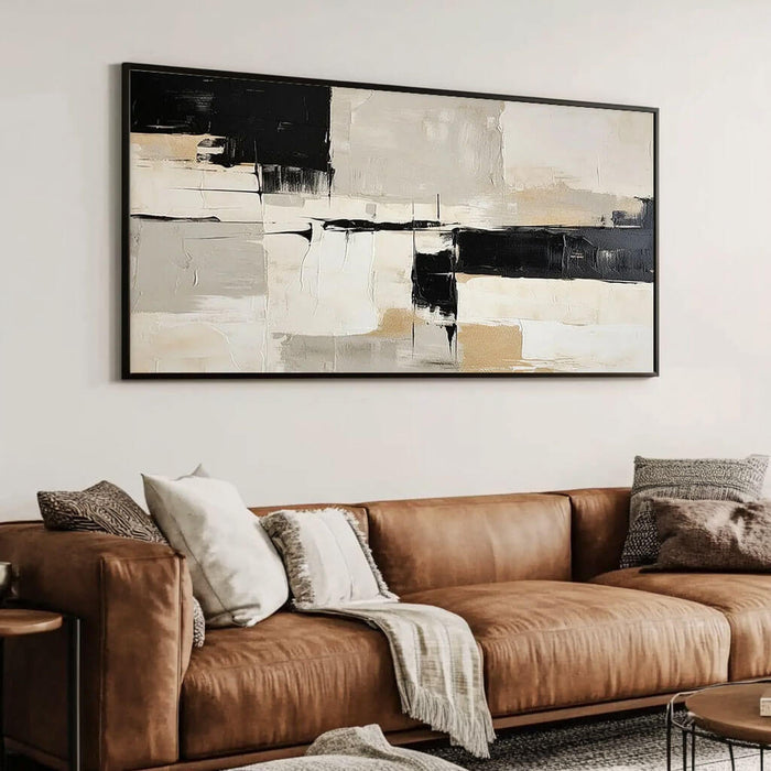 Black and Beige Abstract Wall Art - Modern Textured Canvas Painting for Living Room - Altered State - Hues Art Lab
