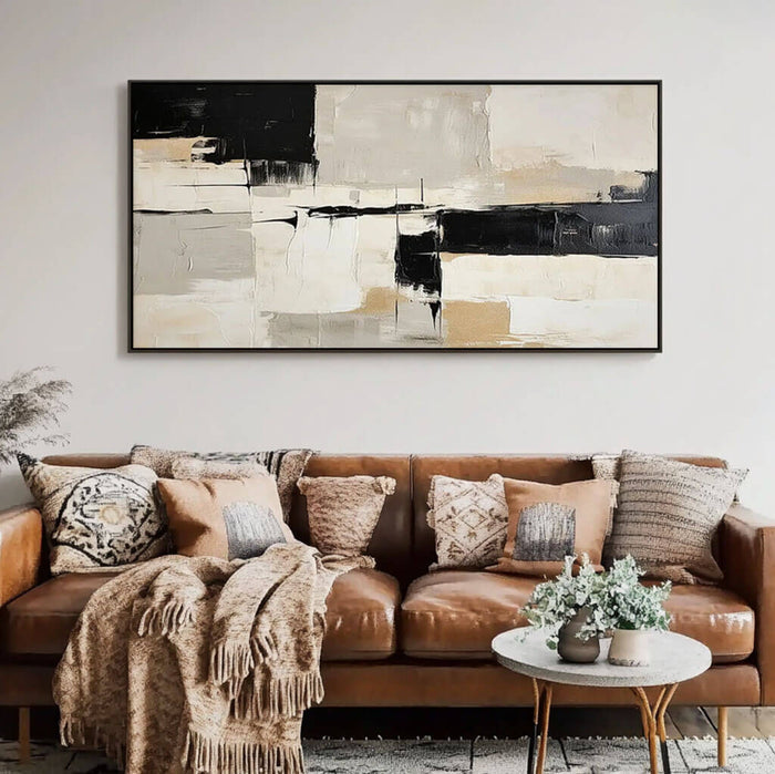 Black and Beige Abstract Wall Art - Modern Textured Canvas Painting for Living Room - Altered State - Hues Art Lab