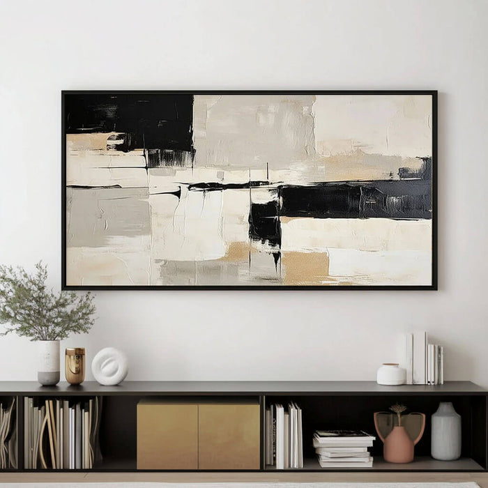 Black and Beige Abstract Wall Art - Modern Textured Canvas Painting for Living Room - Altered State - Hues Art Lab
