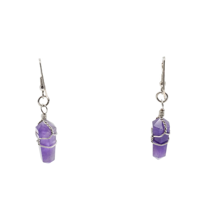 Amethyst Crystal Point Dangle Earrings Handwired Silver Tone Chakra Style