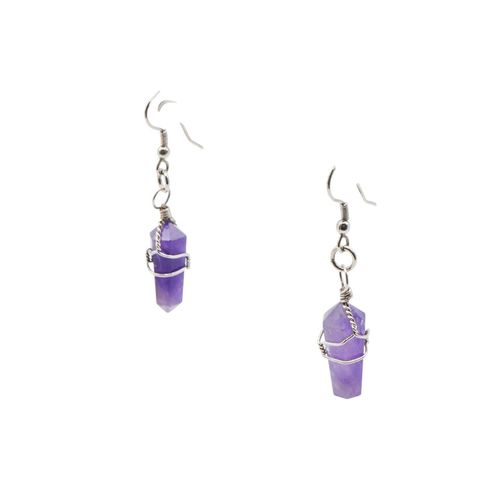 Amethyst Crystal Point Dangle Earrings Handwired Silver Tone Chakra Style