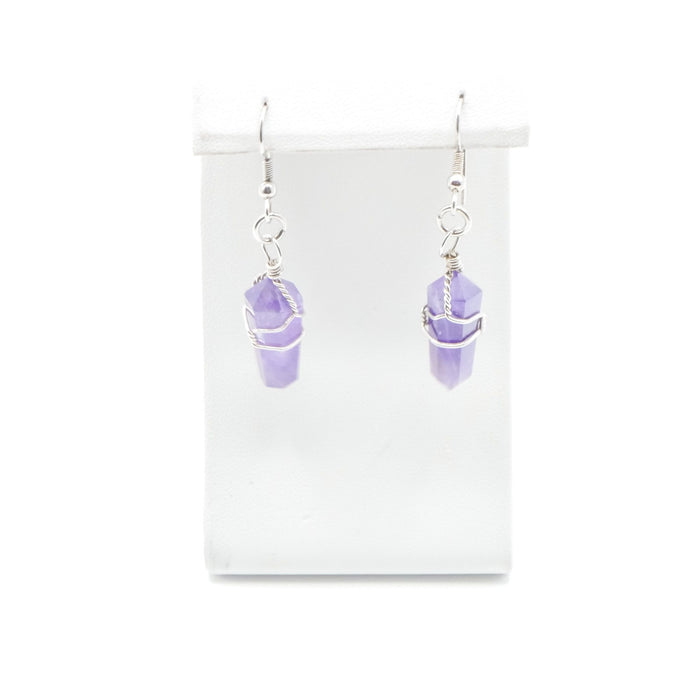 Amethyst Crystal Point Dangle Earrings Handwired Silver Tone Chakra Style