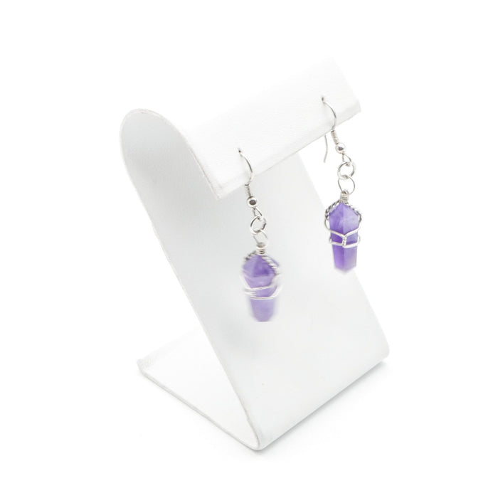 Amethyst Crystal Point Dangle Earrings Handwired Silver Tone Chakra Style